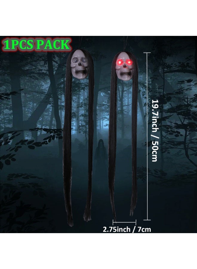 Halloween Hanging Ghost, Hanging Skull Decoration with Long Hair & Glowing Eyes - Terror Skull for Haunted House Decor, Halloween Horror Decoration - Image 2