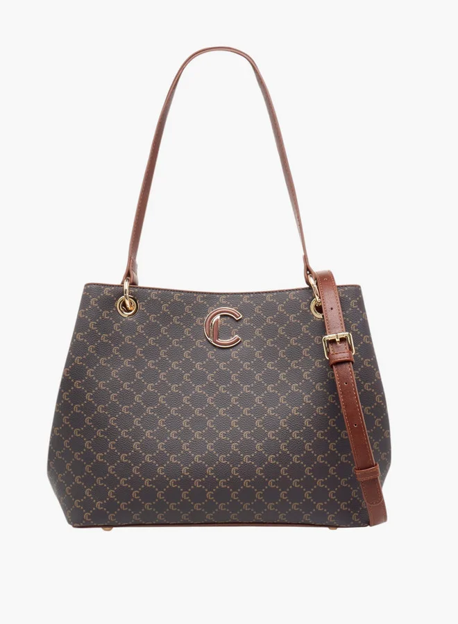 لو كونفورت Women Monogram Print Tote Bag with Detachable Strap and Zip Closure