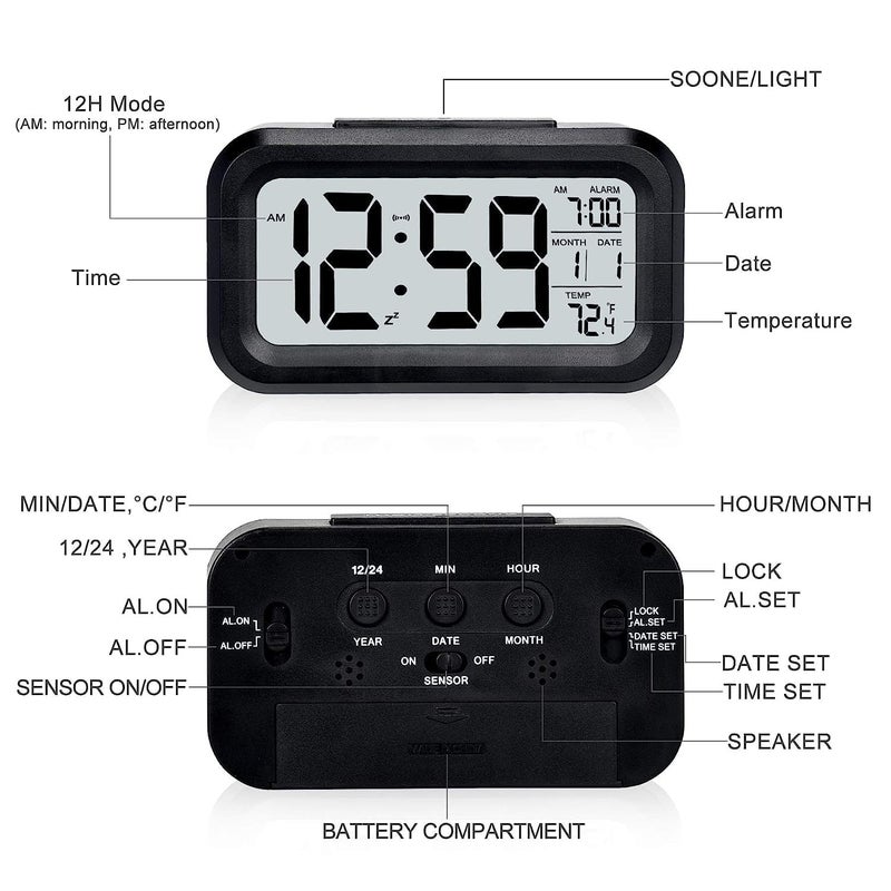 Vajin USB Rechargeable Digital Alarm Clock Battery Operated with DateIndoor TemperatureSmart Night LightLCD Electronic Clock for Bedroom Home Office 3 Modes of Alarm Black - Image 3