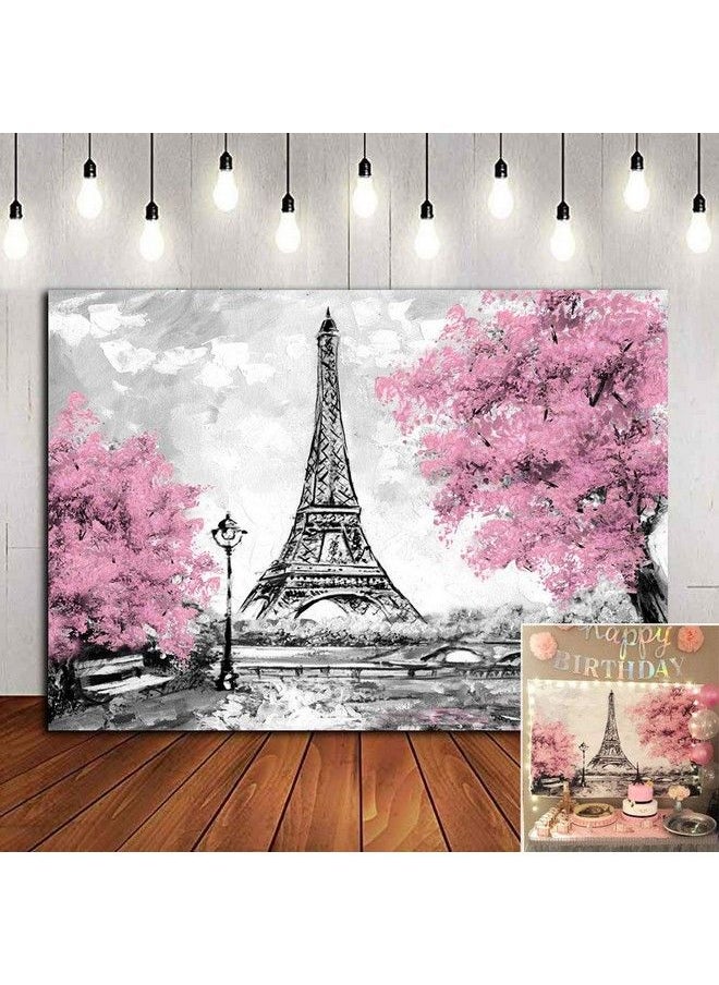 Fanghui - Pink Gray Flowers Photography Backdrop For Children Paris Eiffel Themed Birthday Party Banner Valentines Day Photo Booths Studio Props Photo Background Cake Table Supplies Vinyl 5X3Ft - Image 1