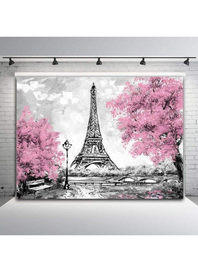 Fanghui - Pink Gray Flowers Photography Backdrop For Children Paris Eiffel Themed Birthday Party Banner Valentines Day Photo Booths Studio Props Photo Background Cake Table Supplies Vinyl 5X3Ft - Image 1