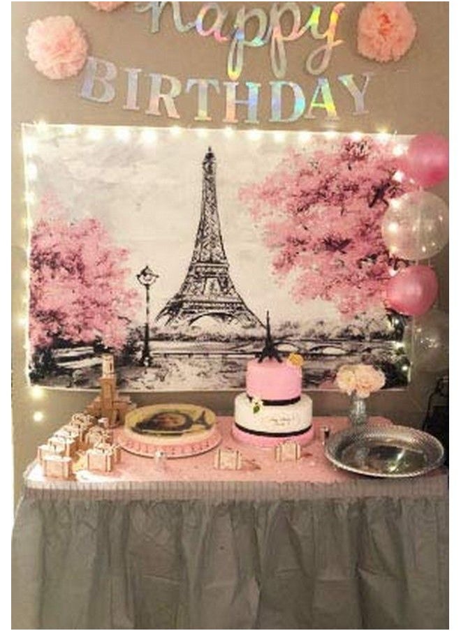 Fanghui - Pink Gray Flowers Photography Backdrop For Children Paris Eiffel Themed Birthday Party Banner Valentines Day Photo Booths Studio Props Photo Background Cake Table Supplies Vinyl 5X3Ft - Image 1