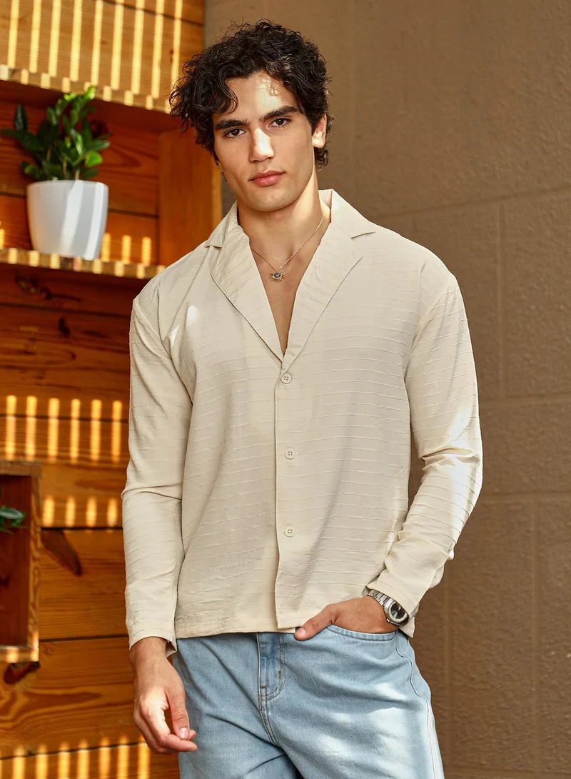 Campus Sutra Men's Ivory White Striped Cuban Shirt