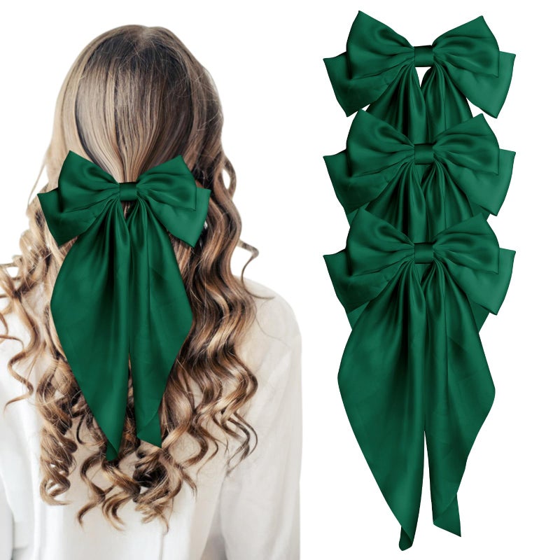 TULOBI Large Silky Satin Bows 3Pcs Green Hair Ribbons for Women - Cute Coquette Bow Clips with Long Tails and Ponytail Barrettes - Image 1