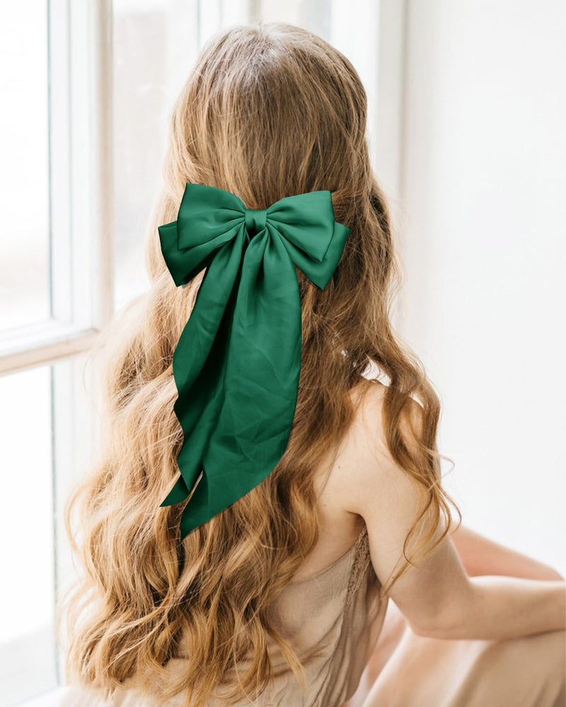 TULOBI Large Silky Satin Bows 3Pcs Green Hair Ribbons for Women - Cute Coquette Bow Clips with Long Tails and Ponytail Barrettes - Image 3