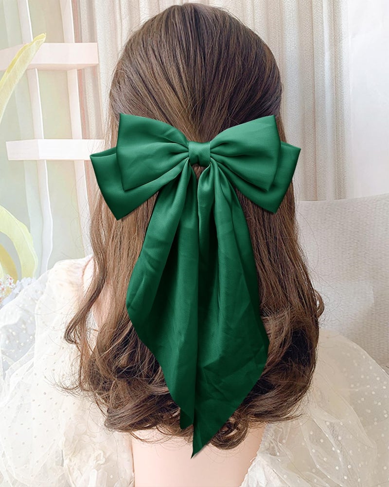 TULOBI Large Silky Satin Bows 3Pcs Green Hair Ribbons for Women - Cute Coquette Bow Clips with Long Tails and Ponytail Barrettes - Image 4