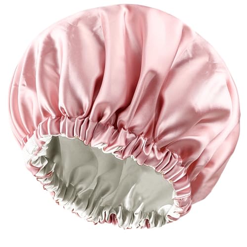 Amamba Shower Caps100 Real Satin Lined Shower CapExtra Large Shower Cap for Women Reusable WaterproofAdjustable SizeLong Hair Bath CapsPink