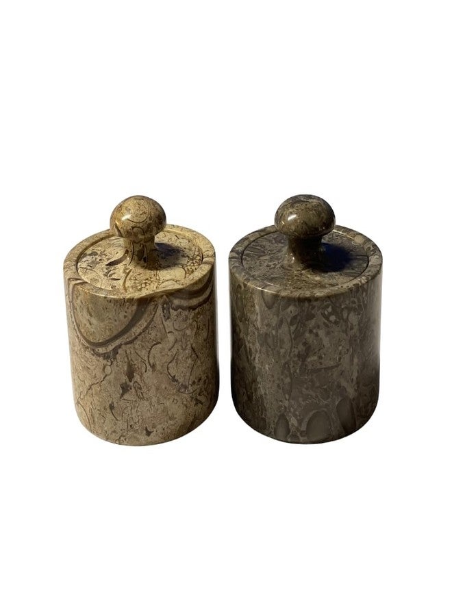 TheWolfard Marble Salt Cellar Keep Spices Fresh Seasoning Holder for Herbs Sugar Salt Keeper With Handmade Lid Knob Like Mushroom Best 3-Inch Marble Dish (Fossil and Coral) - Image 1