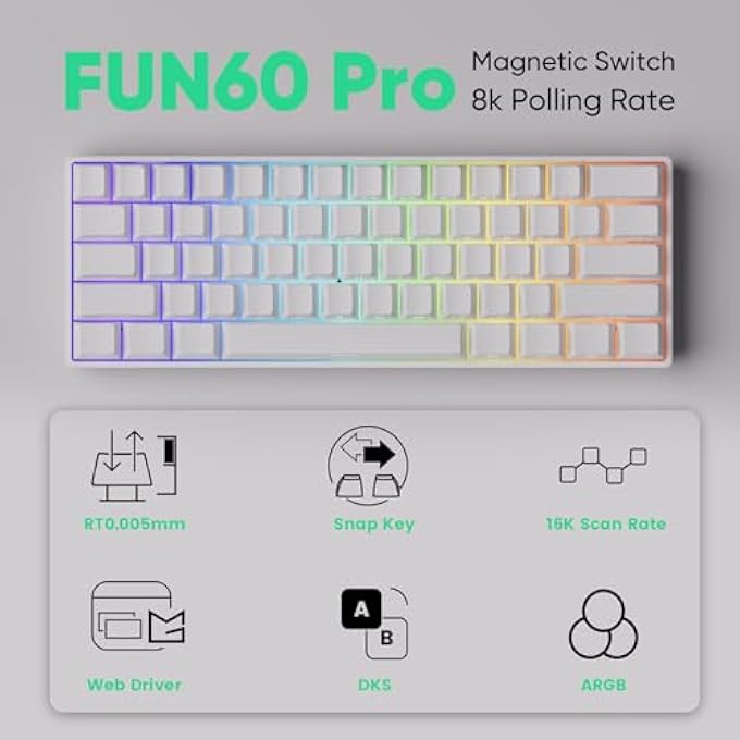 rayihni FUN60 PRO 8K SP FAST SHOOTING GAMING KEYBOARD, HE KEYBOARD, MULTIMODES, WIRELESS, 60% BRIGHT WHITE (DAZZLING MAGNETIC SWITCH) - Image 2