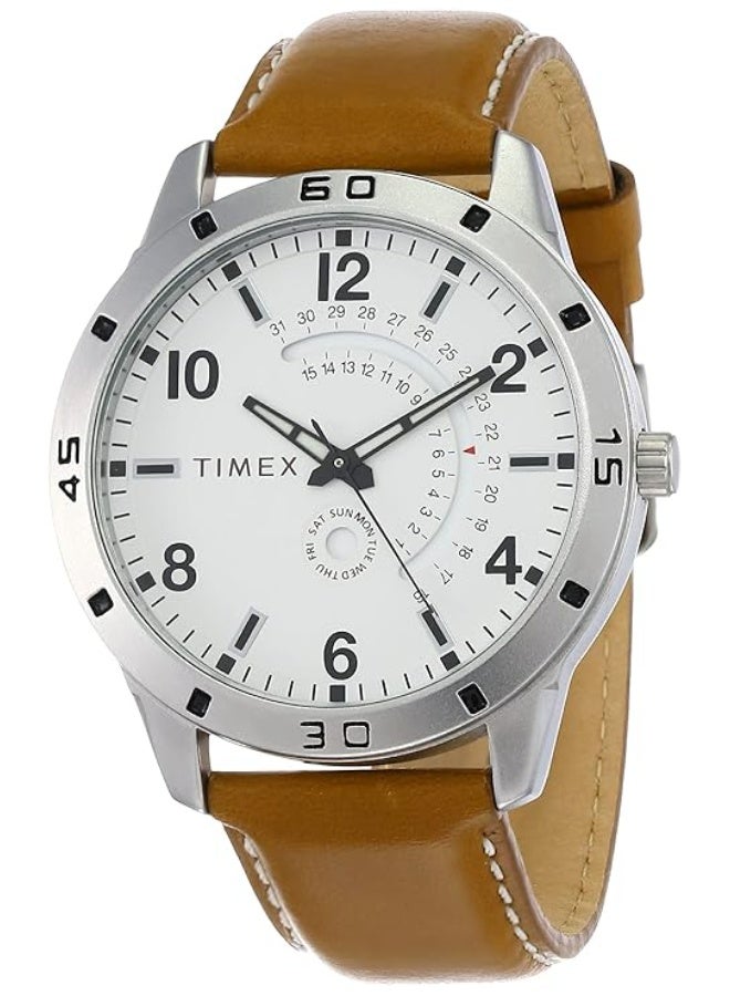 TIMEX Analog Watch for Man with White Round Dial & Brown Leather Strap Band Water Resistant Men's Wrist Watches - TW000U927 - Image 1