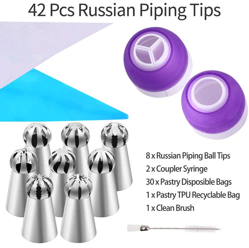 YLYL 42 Pcs Russian Piping Tips Set, 8 Nozzles Flower Frosting Icing Tips Russian Ball Piping Tips for Cake Decorating Kit, 2 Couplers 30 Pastry Baking Bags 1 Cleaning Brush, 1 Reusable Silicone Bag YLYL - Image 2