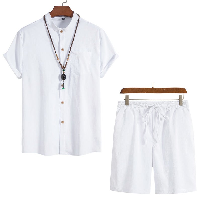 2023 summer mens Chinese style short sleeve retro shirt solid color beach pants shorts suit White