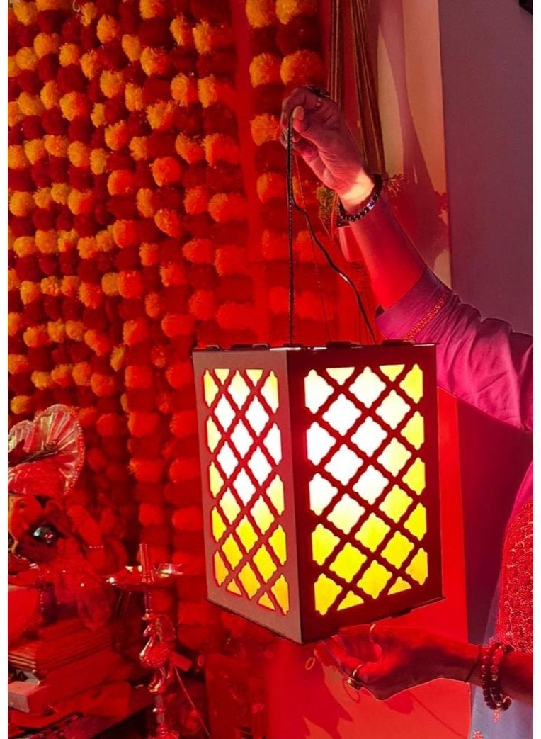 Shubhcart-MDF Decorative Diwali Lantern (Kandil) – Handmade Festive Hanging Light Box with Red Inner Shade - Image 1