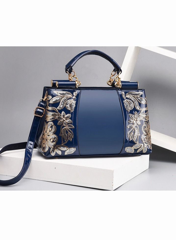 Elegant Luxurious Handbag Advanced Leather Unique Glossy Bridal Wedding Large Capacity One Shoulder Carved Messenger Bag for Women/Mother/Girl Friend Gift Blue  - Image 2