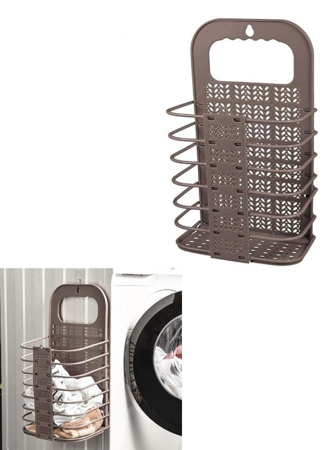 Foldable Hanging Laundry Basket with Plastic Handle Storage Basket for Home Clothes Organizer - Brown - Image 1