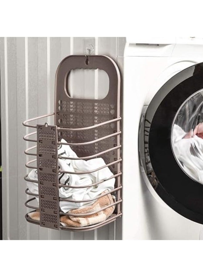 Foldable Hanging Laundry Basket with Plastic Handle Storage Basket for Home Clothes Organizer - Brown - Image 2