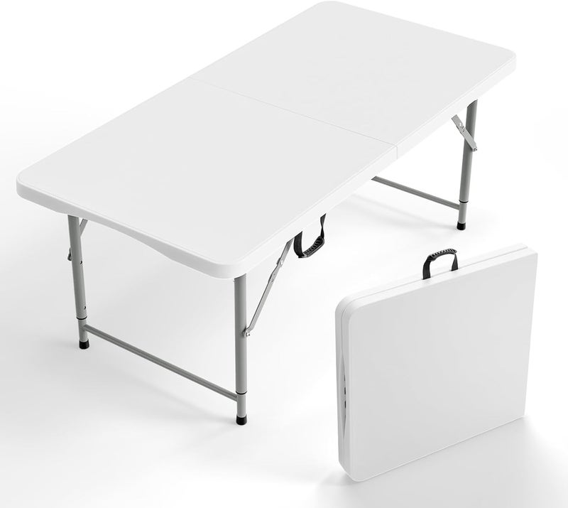 VINGLI 4 FT Plastic Folding Camping Table,3-Level Adjustable Height, Portable in/Outdoor Party Picnic Dining Desk, Garden Soccer Multipurpose Entertaining Activities，White - Image 1