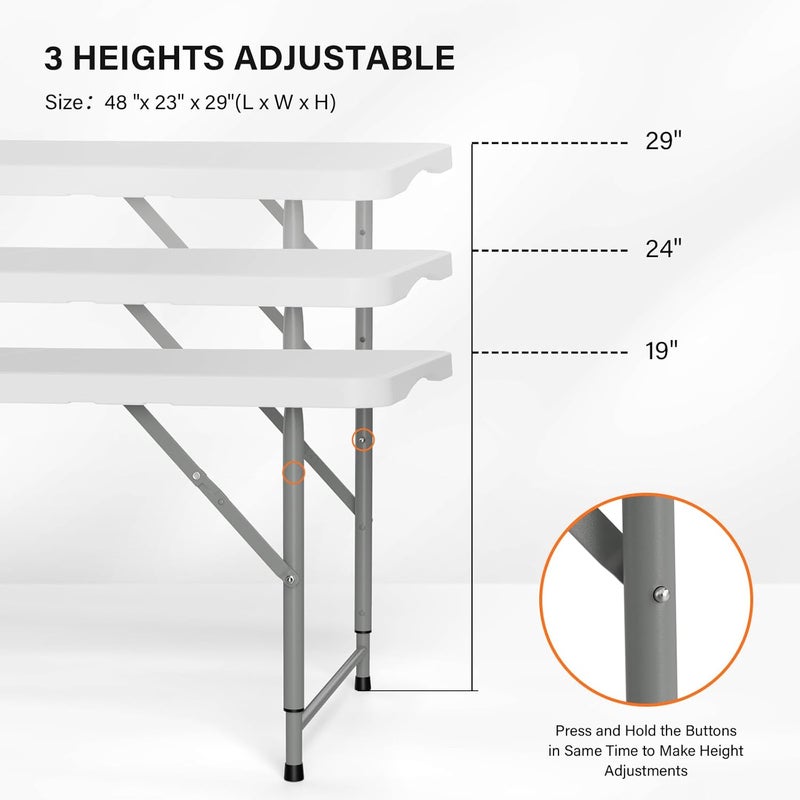 VINGLI 4 FT Plastic Folding Camping Table,3-Level Adjustable Height, Portable in/Outdoor Party Picnic Dining Desk, Garden Soccer Multipurpose Entertaining Activities，White - Image 4