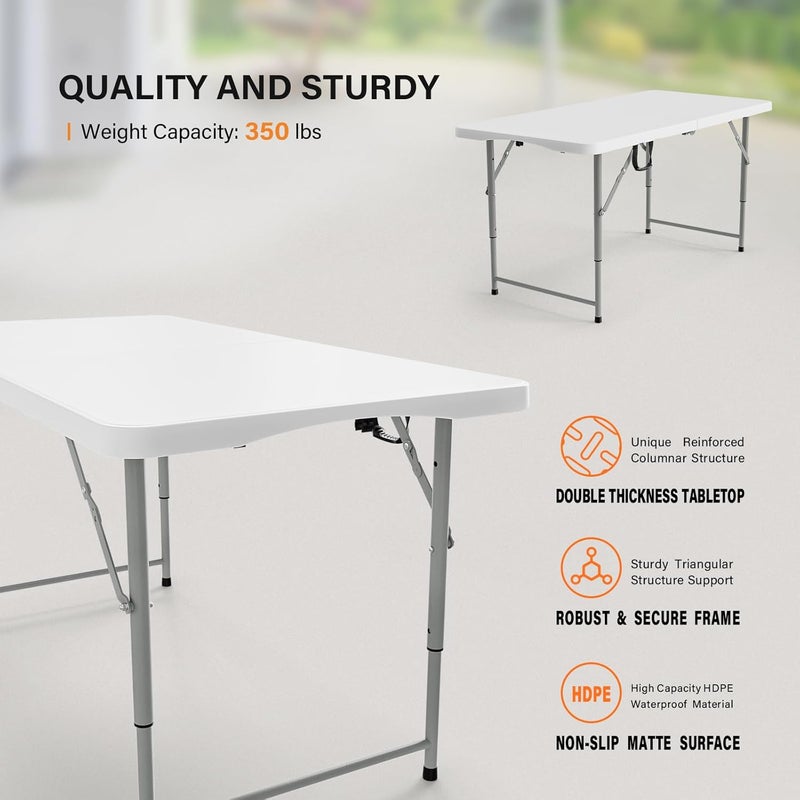 VINGLI 4 FT Plastic Folding Camping Table,3-Level Adjustable Height, Portable in/Outdoor Party Picnic Dining Desk, Garden Soccer Multipurpose Entertaining Activities，White - Image 3