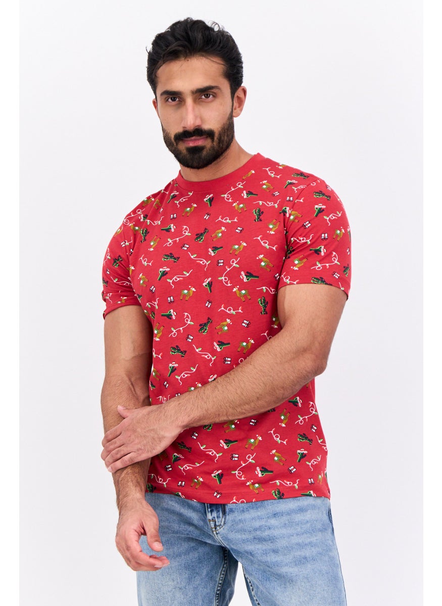 Jules Men Crew Neck Short Sleeve Christmas Print T-Shirts, Red Combo  - Image 1