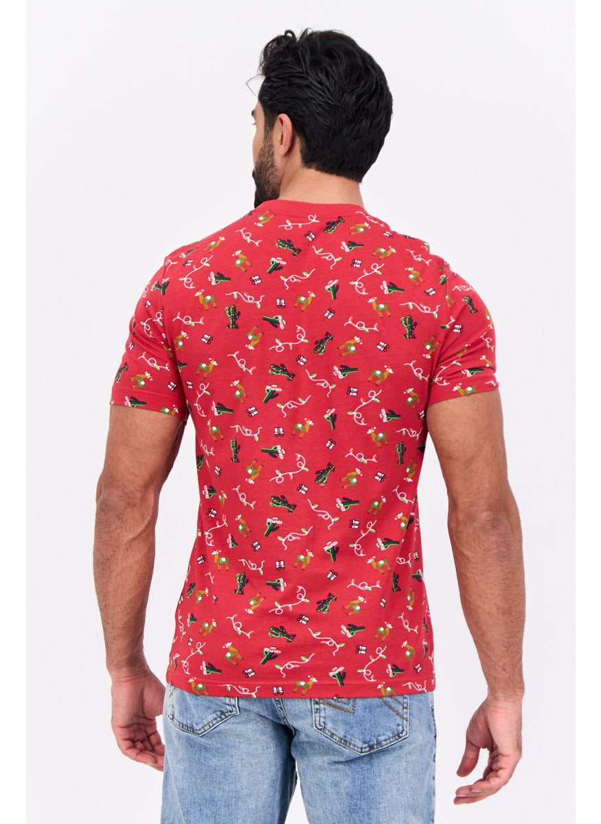Jules Men Crew Neck Short Sleeve Christmas Print T-Shirts, Red Combo  - Image 4