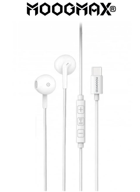 1.2m Type-C earphones wired. Type-C headset wired with a clear, built-in mic. Compatible with iPhone 16 and 15, Samsung, Huawei, and other phones that support a Type-C port. Type-C wired earphones feature control buttons for easy navigation. Type-C wired headphones from MoogMax.