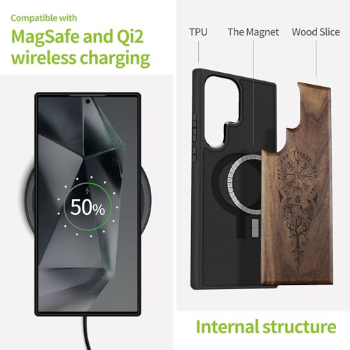 Carveit Magnetic Wooden Case for Samsung Galaxy S25 Ultra Case 2025, TPU Shockproof Cover & Wood Artisan Engraved, Compatible with MagSafe Wireless Chargers (The Guiding Vegvisir) Walnut - Image 4