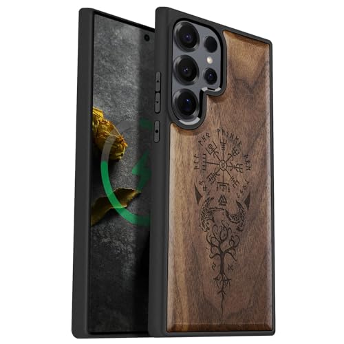 Carveit Magnetic Wooden Case for Samsung Galaxy S25 Ultra Case 2025, TPU Shockproof Cover & Wood Artisan Engraved, Compatible with MagSafe Wireless Chargers (The Guiding Vegvisir) Walnut - Image 1