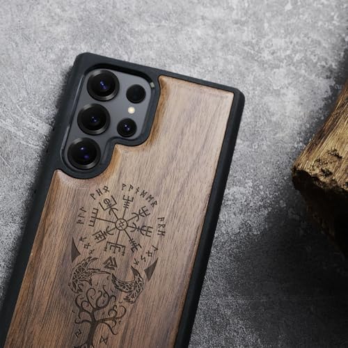Carveit Magnetic Wooden Case for Samsung Galaxy S25 Ultra Case 2025, TPU Shockproof Cover & Wood Artisan Engraved, Compatible with MagSafe Wireless Chargers (The Guiding Vegvisir) Walnut - Image 3