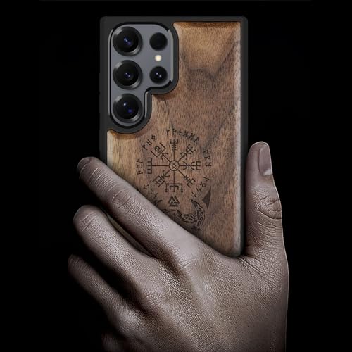 Carveit Magnetic Wooden Case for Samsung Galaxy S25 Ultra Case 2025, TPU Shockproof Cover & Wood Artisan Engraved, Compatible with MagSafe Wireless Chargers (The Guiding Vegvisir) Walnut - Image 2