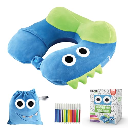 REMAXX Inflatable Kids Travel Neck Pillow for Boys and Girls for Car Airplane Compact Washable Soft Cozy Quick Inflation Camel Head Design with Included Carrybag with Free Sketch for Coloring The Box - Image 1