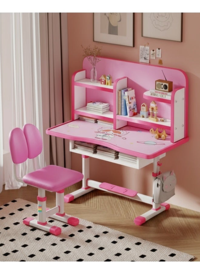 طقم مكتب وكرسي دراسة قابل للتعديل للأطفال، طاولة دراسة مريحة مع رف كتب، ودرج تخزين، وأرفف (وردي، RB-86) - Image 1