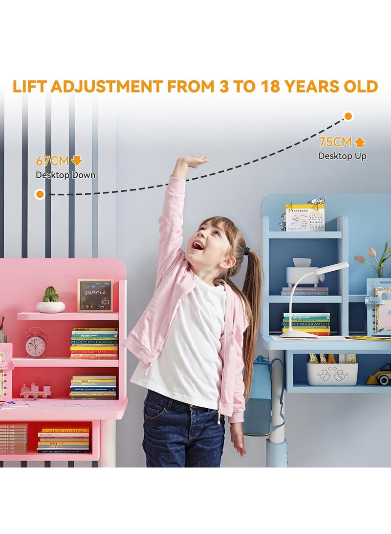 طقم مكتب وكرسي دراسة قابل للتعديل للأطفال، طاولة دراسة مريحة مع رف كتب، ودرج تخزين، وأرفف (وردي، RB-86) - Image 2