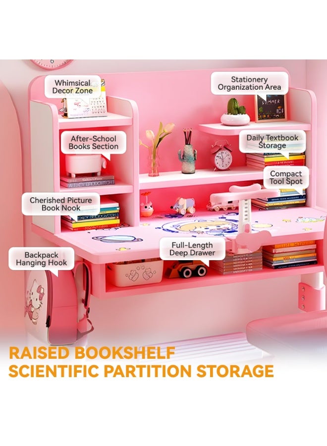 طقم مكتب وكرسي دراسة قابل للتعديل للأطفال، طاولة دراسة مريحة مع رف كتب، ودرج تخزين، وأرفف (وردي، RB-86) - Image 4