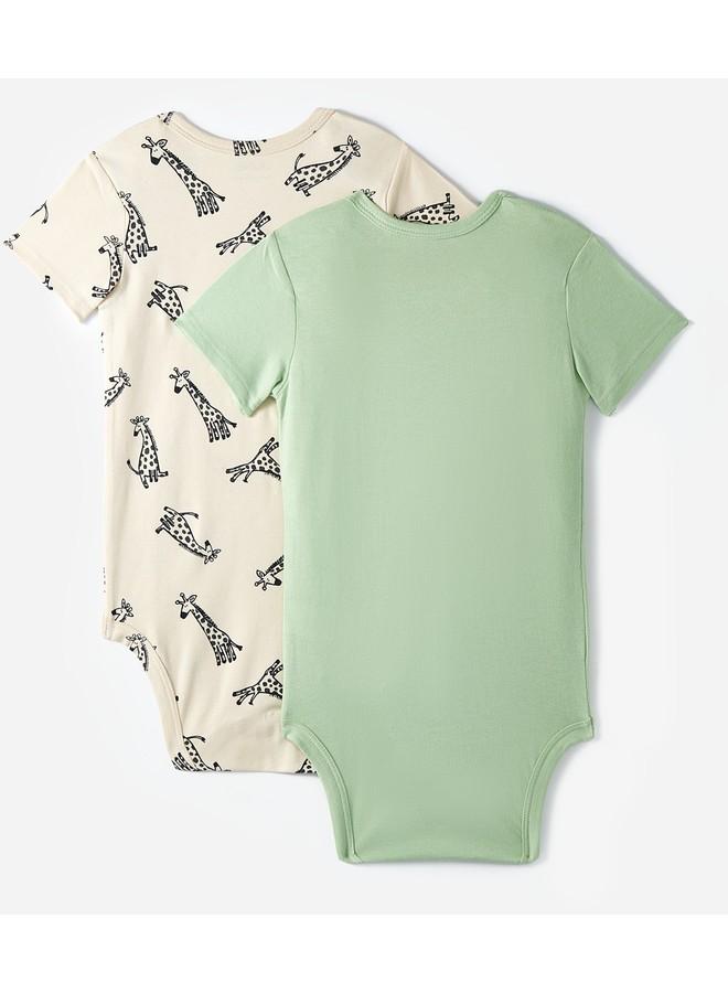 June Baby Envelope Neck 2-Pack Short Sleeve Giraffe Printed Bodysuit Beige - Light Green - Image 2