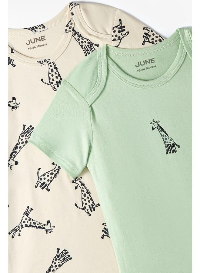 June Baby Envelope Neck 2-Pack Short Sleeve Giraffe Printed Bodysuit Beige - Light Green - Image 3