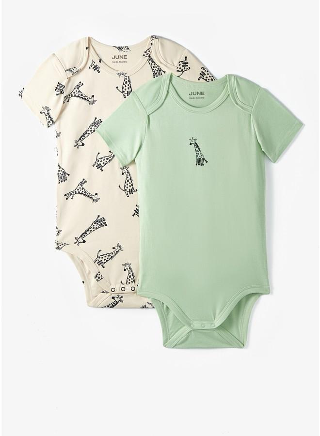 June Baby Envelope Neck 2-Pack Short Sleeve Giraffe Printed Bodysuit Beige - Light Green - Image 1