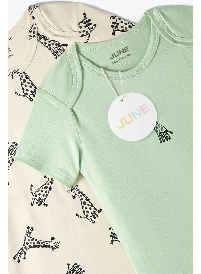 جون June Baby Envelope Neck 2-Pack Short Sleeve Giraffe Printed Bodysuit Beige - Light Green