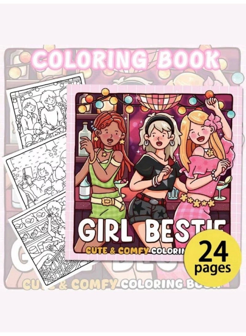 Girl Bestie Cute Coloring Book for Teens & Women - Stress Relief Hand-Drawn Designs, 24 Pages, 20x20cm - Image 3