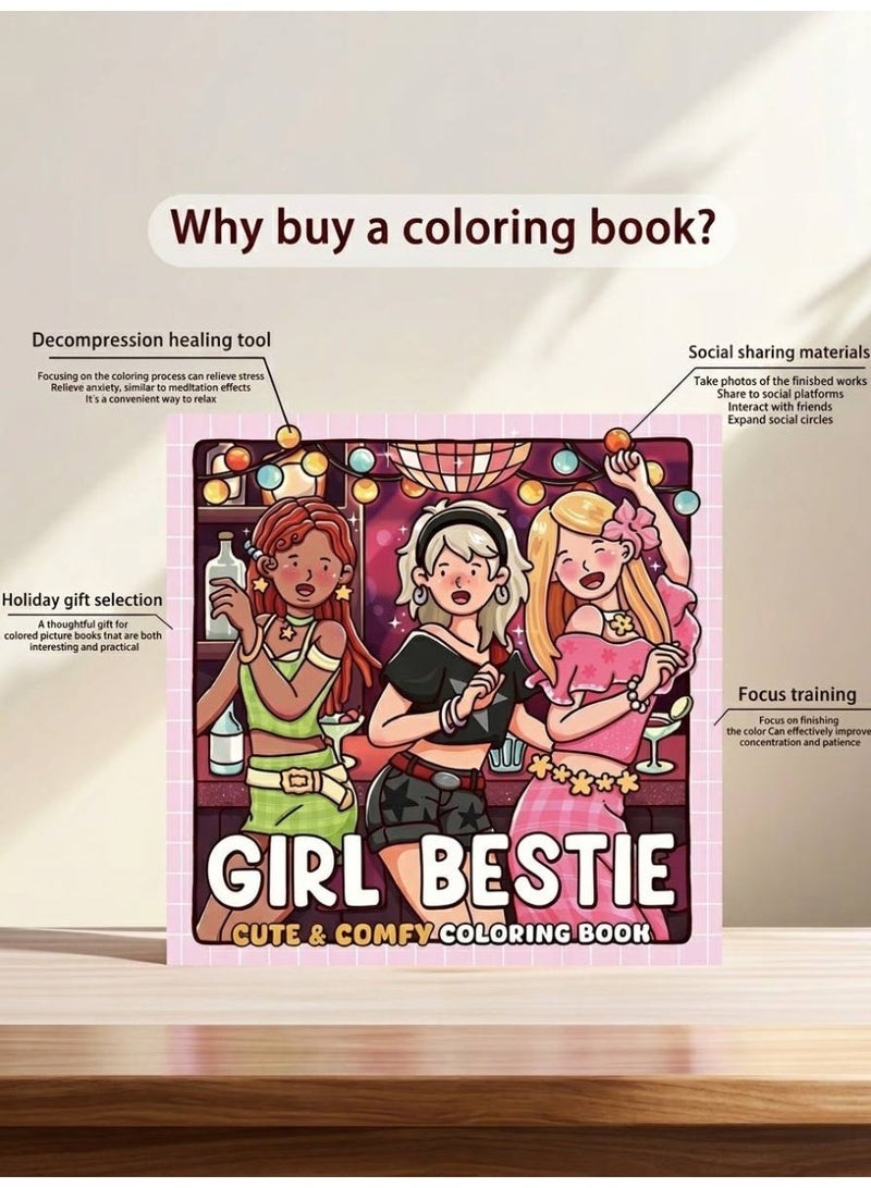Girl Bestie Cute Coloring Book for Teens & Women - Stress Relief Hand-Drawn Designs, 24 Pages, 20x20cm - Image 2
