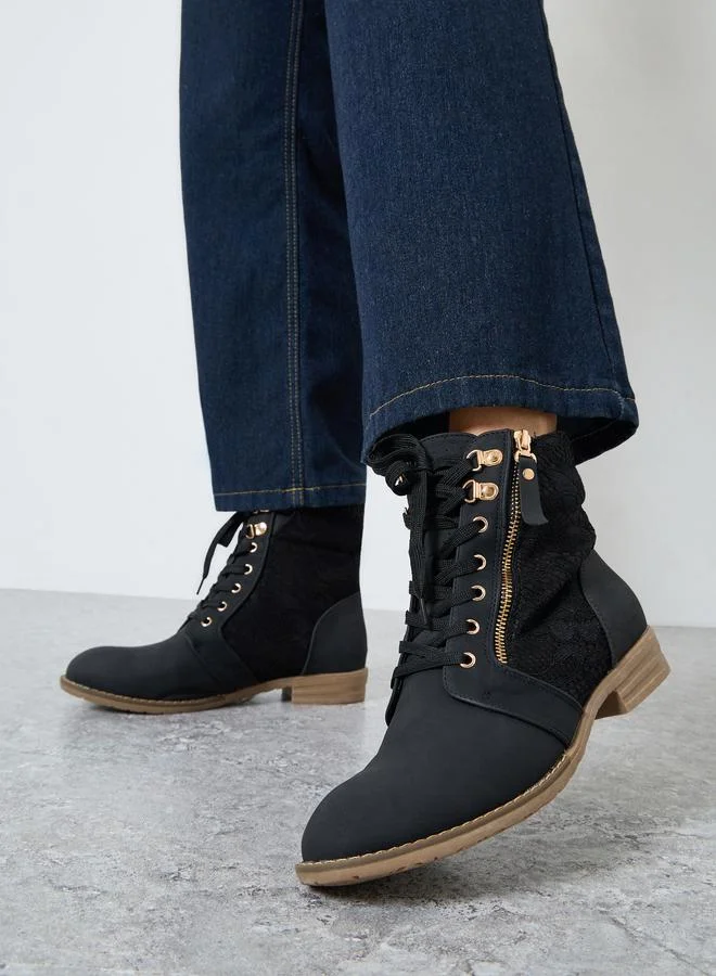 Styli Black Lace Insert Half-Zip Ankle Boots