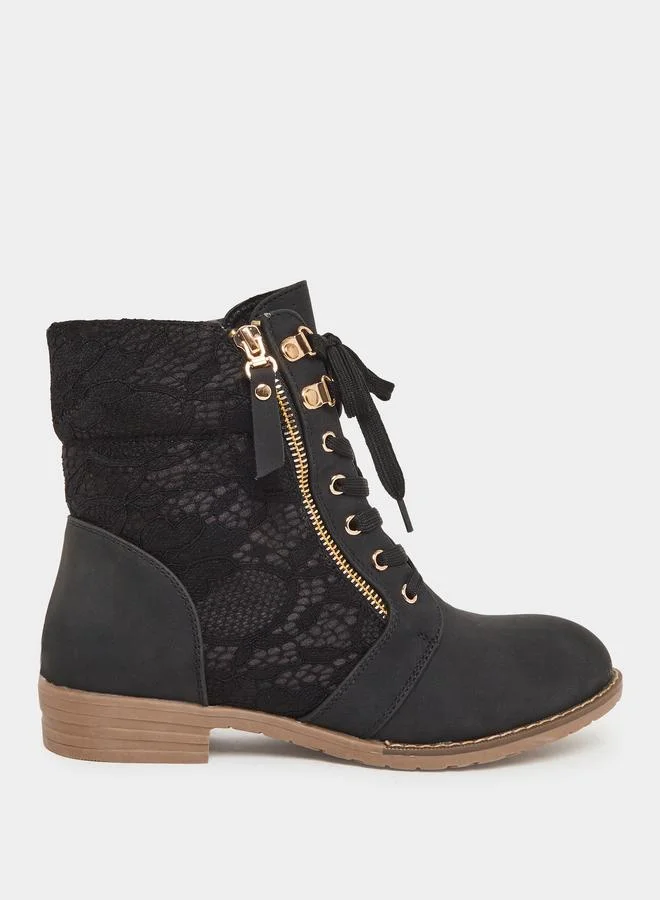 Styli Black Lace Insert Half-Zip Ankle Boots