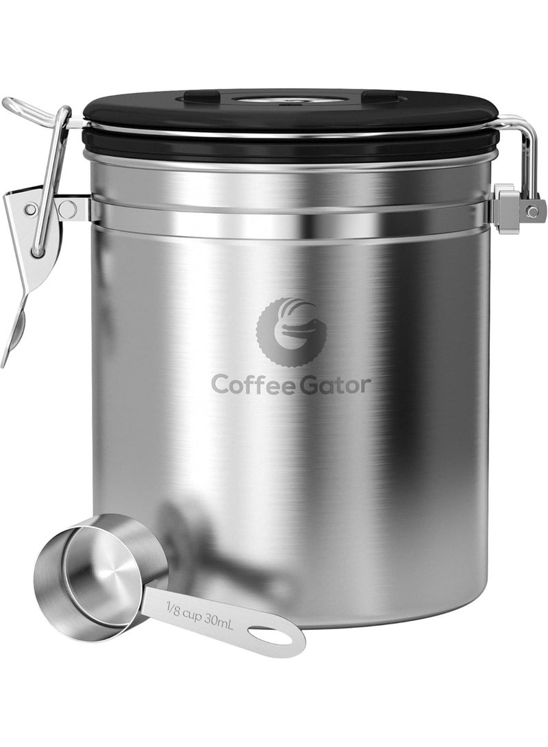 Coffee Gator Coffee Canister, 16oz Airtight Stainless Steel Kitchen Food Storage Container with Date Tracker, Scoop for Sugar,Grounds Coffee, Beans,Tea, Sugar, Cereal, Flour, Cookies Jars - Silver - Image 1