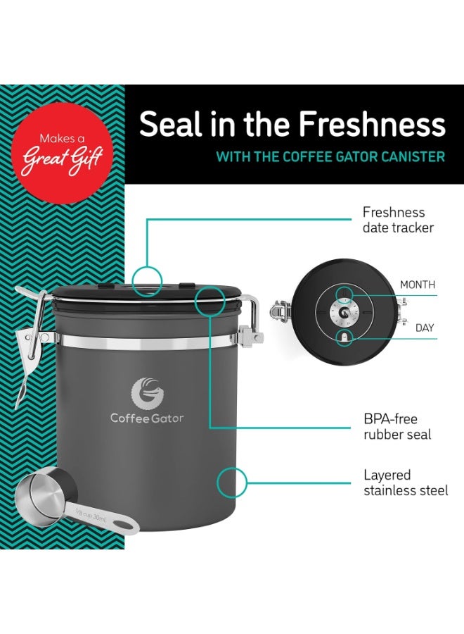 Coffee Gator Coffee Canister, 16oz Airtight Stainless Steel Kitchen Food Storage Container with Date Tracker, Scoop for Sugar,Grounds Coffee, Beans,Tea, Sugar, Cereal, Flour, Cookies Jars - Silver - Image 2
