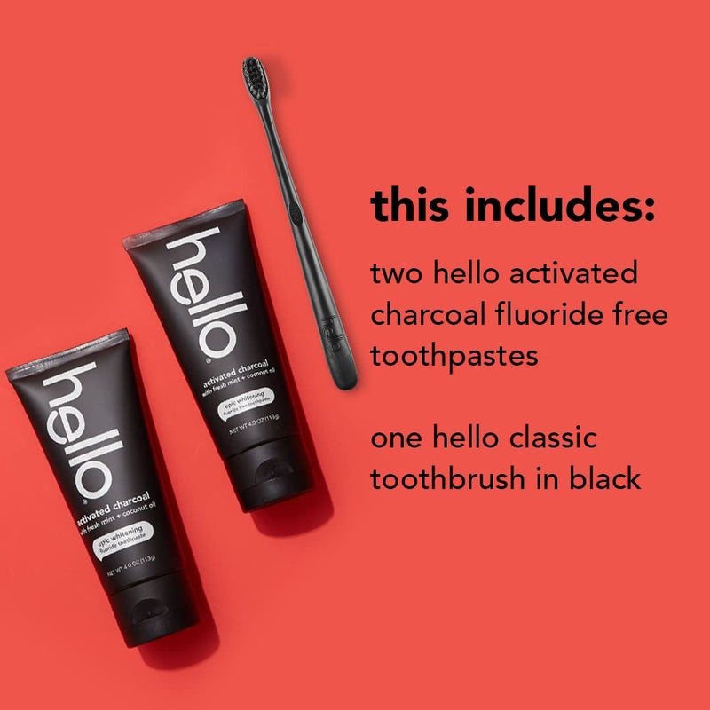 Hello Activated Charcoal Epic Teeth Whitening Fluoride Free Toothpaste and Toothbrush, Fresh Mint and Coconut Oil, Vegan, SLS Free, Gluten Free and Peroxide Free, 4 Ounce (Pack of 2) - Image 2