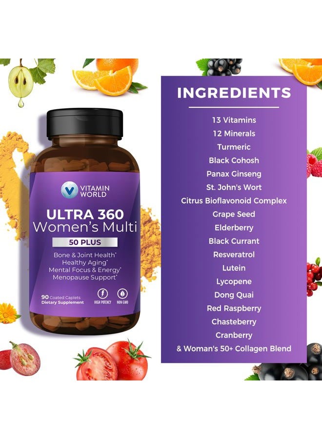 VITAMIN WORLD Ultra 360 Multivitamin for Women 50 Plus, Women's 50+ Multivitamin with Minerals & Herbs for Menopause Support, Supplement with Vitamin B, D, E & Zinc for Healthy Aging, 90 Caplets - Image 5