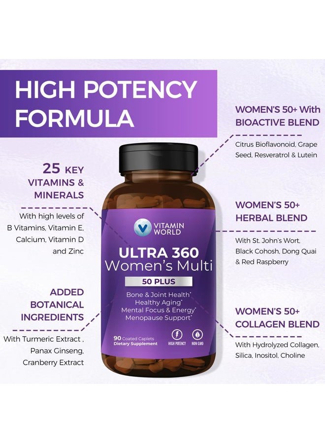 VITAMIN WORLD Ultra 360 Multivitamin for Women 50 Plus, Women's 50+ Multivitamin with Minerals & Herbs for Menopause Support, Supplement with Vitamin B, D, E & Zinc for Healthy Aging, 90 Caplets - Image 3