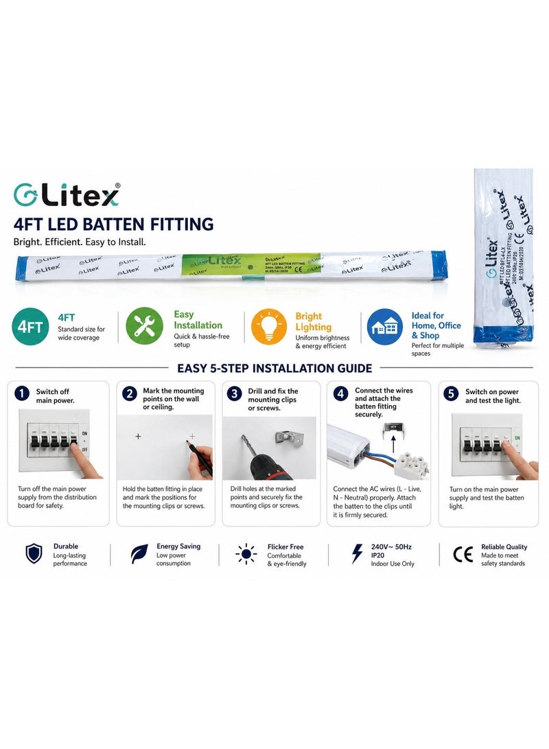 Litex Pack of 5 LED Lighting Fixture 4ft (BFL4-LX) – Energy Efficient, Bright White Light, Easy Installation, Durable Shop Light for Home, Garage & Commercial Use - Image 4
