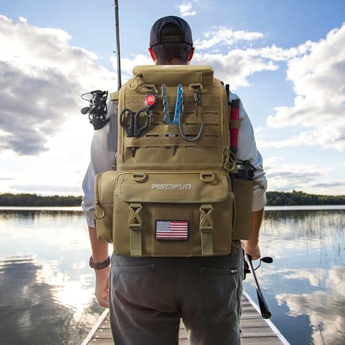 Piscifun 52L Fishing Tackle Backpack with Rod Holders 4 Tackle Boxes WaterResistant Large Tackle Bag for Fishing Gear Storage with Rain Cover Khaki - Image 3