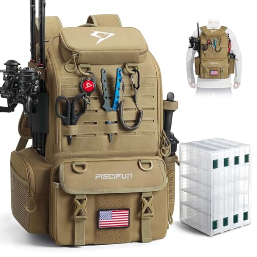 Piscifun 52L Fishing Tackle Backpack with Rod Holders 4 Tackle Boxes WaterResistant Large Tackle Bag for Fishing Gear Storage with Rain Cover Khaki - Image 1